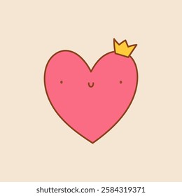 Cute Heart Doodle art. Pink heart with a crown. Vector illustation on a isolated background