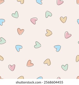 Cute heart doodles seamless vector pattern. Hearts hand drawn background. Holiday repeating texture for St. Valentine's Day, love, relationship and kids. Print for fabric, paper, packaging, stationery