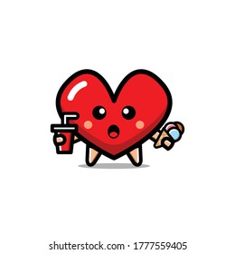 Cute Heart eat and Beber Vector Icon Illustration. Aislado sobre fondo blanco. Amo Caricatura Estilo Adecuado para Pegatinas, Web Landing Page, Banner, Volante, Mascotas, Afiche.