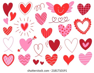 Cute Heart Element Decoration Valentine's Day Love Romantic Red Pink Line Form Doodle Cartoon Hand Drawing Sketch Vector Illustration Pack Set Bundle Collection 