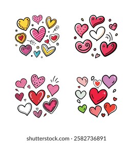 Cute Heart Element Decoration Valentine's Day Love Romantic Form Doodle Cartoon Hand Drawing Sketch Vector Illustration Pack Set Bundle Collection