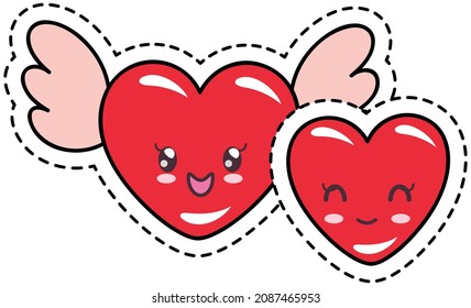 Cute heart emoji. Smiling face icon kawaii concept. Pair of red hearts with wings with cute smile. Cheerful cartoon funny face illustration. Japanese culture symbol anime innocence childishness love