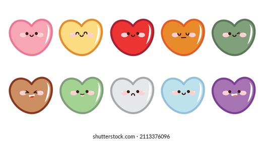 Cute heart face colorful in various emotion cartoon on white background.Valentine's day.Love.Emoji.Isolated.Feeling.Kawaii.Vector.Illustration.