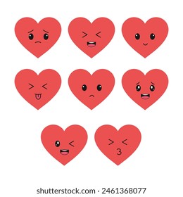 Cute heart face colourful in various cartoon emotions on a white background. Love. Emoji. Isolated. Kawaii. 