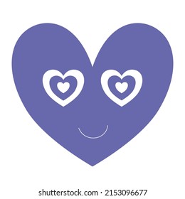 Cute heart face in very peri color. Romantic valentines day character isolated on white. Feeling in love forever. Kawaii vector illustration from simple shapes with loving eyes and emotions.