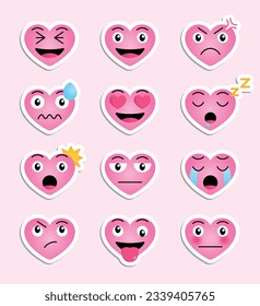 Cute heart feeling expression stickers. Set of cute heart vector stickers representing various feelings for print, design elements or emoticons and emojis.