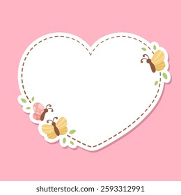 Cute Heart Floral Butterfly Frame. Spring Summer Border Vector Illustration.