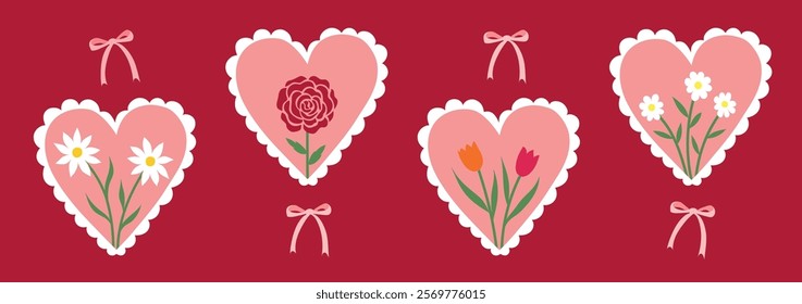 Cute heart and floral designs with ribbons, perfect for Valentine's Day, Mother's Day, anniversaries, and celebrating love. Red background vector illustration.