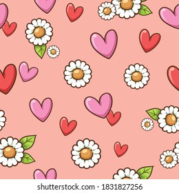 Cute heart and flower cartoon seamless pattern. Cute red, pink heart and white flower element pink background. Vector illustration. Use for decoration, pattern, texture, wallpaper and more.