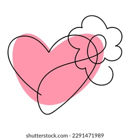 Cute heart with flower drawn in one line. Symbol of love, care and happiness. Heart for web design and postcards. Vector illustration isolated on white background.