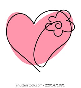 Cute heart with flower drawn in one line. Symbol of love, care and happiness. Heart for web design and postcards. Vector illustration isolated on white background.