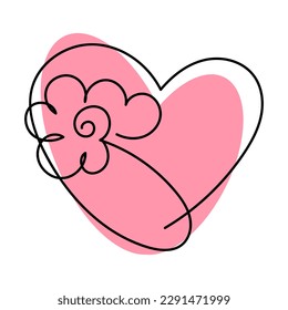 Cute heart with flower drawn in one line. Symbol of love, care and happiness. Heart for web design and postcards. Vector illustration isolated on white background.