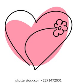 Cute heart with flower drawn in one line. Symbol of love, care and happiness. Heart for web design and postcards. Vector illustration isolated on white background.
