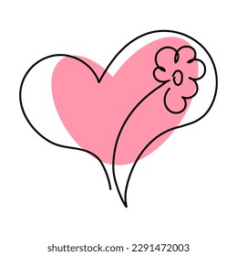 Corazón lindo con flor dibujada en una línea. Símbolo de amor, cuidado y felicidad. Corazón para el diseño web y postales. Ilustración vectorial aislada en fondo blanco.