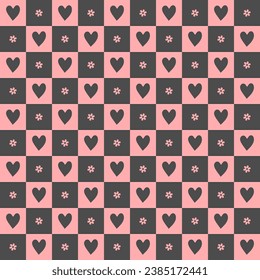 cute heart flower element Black and pink checkered pattern Cartoon illustration, mat, cloth, textile, scarf, gift wrap