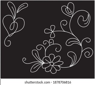 Cute Heart And Flower Embroidery Motif With Stitch Effect