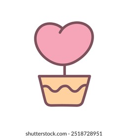 Cute heart flower icon. Hand drawn illustration of a pink heart home plant in a flowerpot isolated on a white background. Kawaii St. Valentine day sticker. Vector 10 EPS.