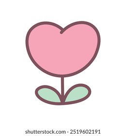 Cute heart flower icon. Hand drawn illustration of a flower with pink heart shaped head isolated on a white background. Kawaii St. Valentine day sticker. Vector 10 EPS.