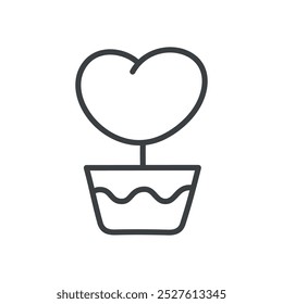 Cute heart flower icon. Hand drawn monochrome illustration of a heart home plant in a flowerpot isolated on a white background. Vector 10 EPS.