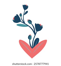 cute heart with flowers and leafs isolated icon vector illustration design Flowers and heart icon. Flat color design. Vector illustration.