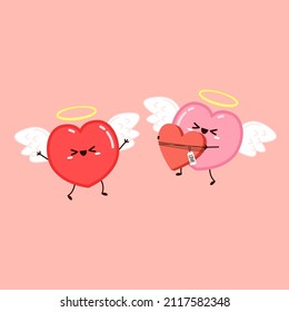 Cute Heart flying on white wings. Vector set Heart character on white background. Romantic flat style Valentine's Day illustrations to express feelings of love.