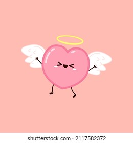 Cute Heart flying on white wings. Vector set Heart character on white background. Romantic flat style Valentine's Day illustrations to express feelings of love.