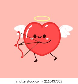 Cute Heart flying on white wings. Vector set Heart character on white background. Romantic flat style Valentine's Day illustrations to express feelings of love.