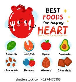 Corazón lindo con tenedor y cuchillo. Mejores comidas para infografía feliz de corazón saludable. Dibujo de dibujos animados de caricatura plana vectorial kawaii icono de ilustración del personaje. Aislado en el fondo blanco.Infografía alimenticia saludable