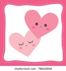 Cute Heart Frame in pink for Valentine's day with couple hearts are smiling. Vector illustration.