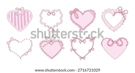 Cute heart frames with bows and ribbons. Romantic decorative hearts for Valentine’s Day, wedding invitations, greeting cards and love designs. Flat vector illustration isolated on white background.