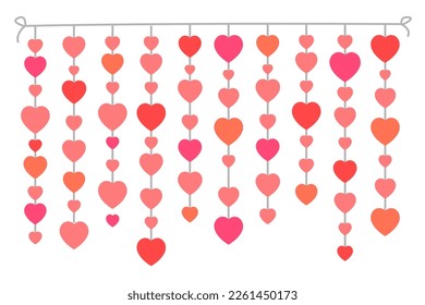 Cute heart garland vector isolated. Valentine day, romantic holiday, love symbol. Red hearts hanging on string. Paper garland.