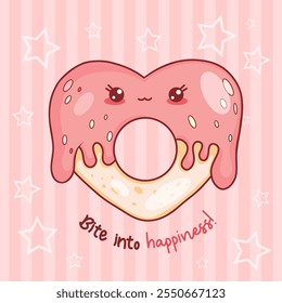 Lindas galletas de jengibre de corazón con gotas de glaseado rosa. Tarjeta romántica con la comida dulce del carácter kawaii de la historieta. Ilustración vectorial