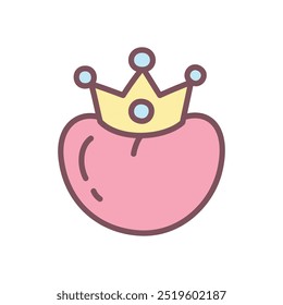 Cute heart with golden crown icon. Kawaii St. Valentine day sticker. Hand drawn illustration isolated on a white background. Vector 10 EPS.