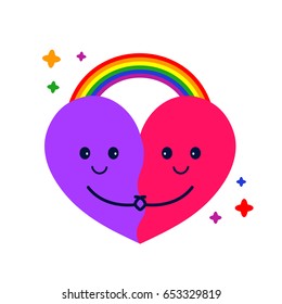 Cute Heart Hug And Rainbow. Vector Modern Flat Style Cartoon Character Illustration Icon Design.Isolated On White Background. Lgbt, Pride, Gay Logo Concept Sticker