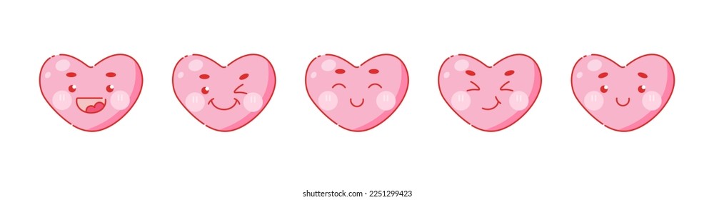 Cute heart icons. Heart characters set with anime funny faces. Vector modern minimal love stickers for Saint Valentine's Day. 