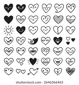A cute heart illustrations with various facial expressions and designs evoke playful and whimsical