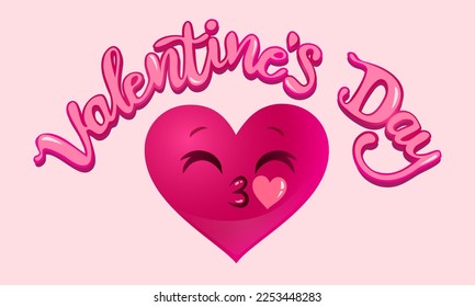 Cute heart and kiss in kawaii style for Valentine's day  Vector heart   hand drawing lettering pink background  Cute heart in kawaii style for Valentine's day 