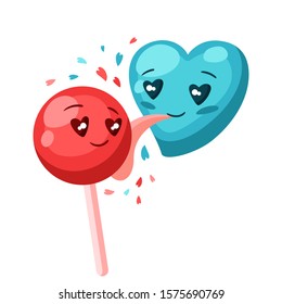 Cute heart licks candy. Valentine Day greeting card. Illustration of kawaii characters with eyes hearts.