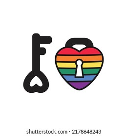 Cute heart lock with key in pride color isolate