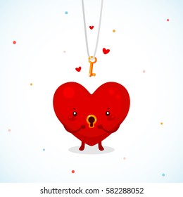 Cute heart lock and key, symbol of love, cartoon character, background for Valentine's day.