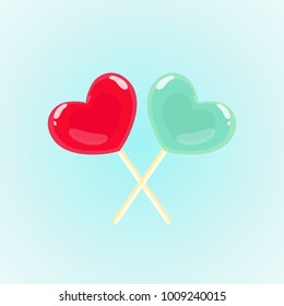 Cute heart lollipops candy on a blue background