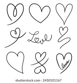 Cute Heart Love Line Doodle Hand draw vector Black and white set