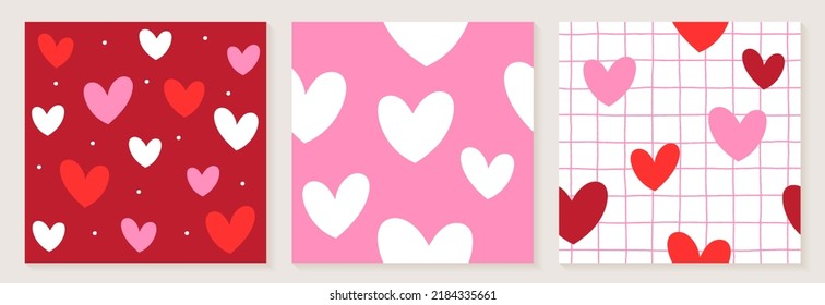 Cute Heart Valentine’s Love White Red Pink Color Confetti Flat Style Fabric Textile Grid Line Check Seamless Pattern Background Summer Spring Greeting Card Set Collection Bundle Vector Illustration 
