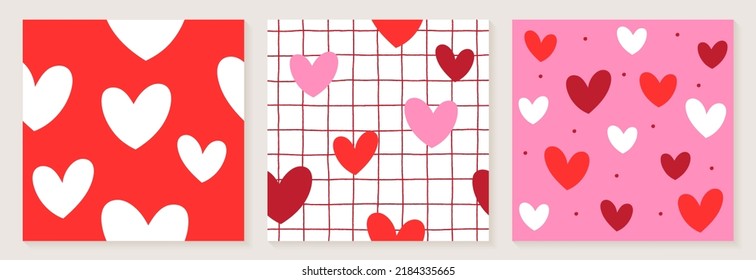 Cute Heart Valentine’s Love White Red Pink Color Confetti Flat Style Fabric Textile Grid Line Check Seamless Pattern Background Summer Spring Greeting Card Set Collection Bundle Vector Illustration 