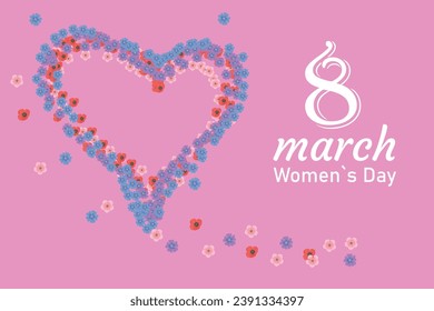 Cute heart made of small flowers for March 8th. Happy Spring Holiday greeting card, template or banner. Vector illustration.