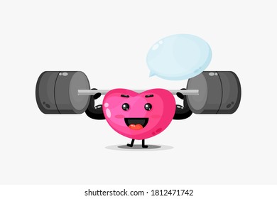 Cute heart mascot raises a barbell