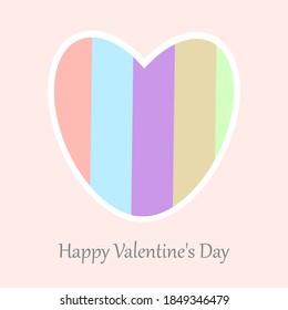 Corazón lindo con rayas multicolores sobre un fondo rosado. Sé mi Valentín. Feliz Día de San Valentín. Ilustración vectorial.