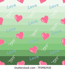 Cute heart on green background seamless pattern. Vector illustration.