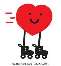 Cute heart on rollers. Design for St. Valentine's day. 14 February. Hand drawn illustration on white background.