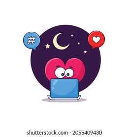 Cute heart operating Laptop at night. Cartoon Vector Icon Illustration.heart and hashtag icon. Can be used as illustration for Kids,poster or t-shirt.